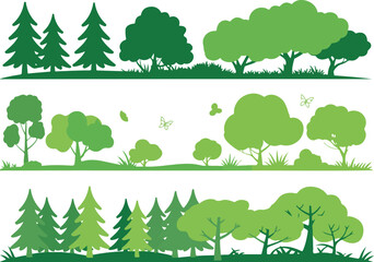 Set of Horizontal Nature Borders with Stylized Green Trees, Bushes, and Forest Elements Vector Illustration