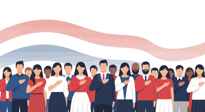 Diverse Group Expressing Unity and Patriotic Feelings With Flag Background