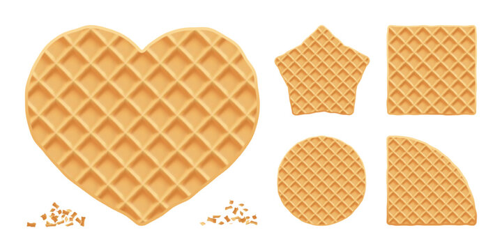 Waffle round biscuit for belgian ice cream, wafer texture vector icon. Illustration of square stroopwafel and star belgium pattern, food background. Isolated cute cookie heart, sweet syrup pancake 3d