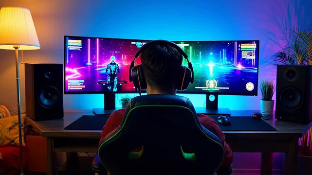 Person gaming in a colorful room