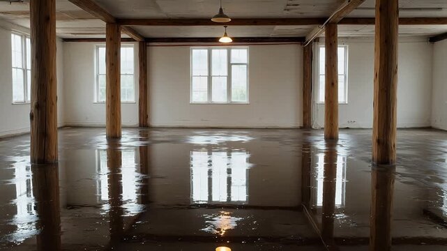 Empty room with wooden pillars and wet floor
