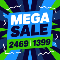 Mega sale banner with blue and green burst background and white squiggly lines