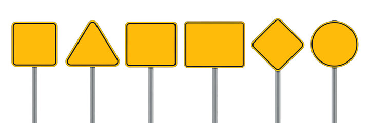 Set of yellow road signs on metal poles for traffic guidance and direction  isolated on transparent background