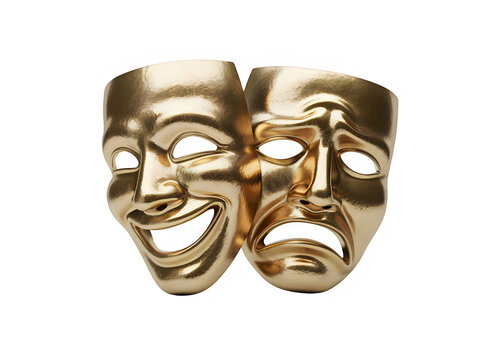 Comedy and tragedy theater masks golden isolated on transparent background art