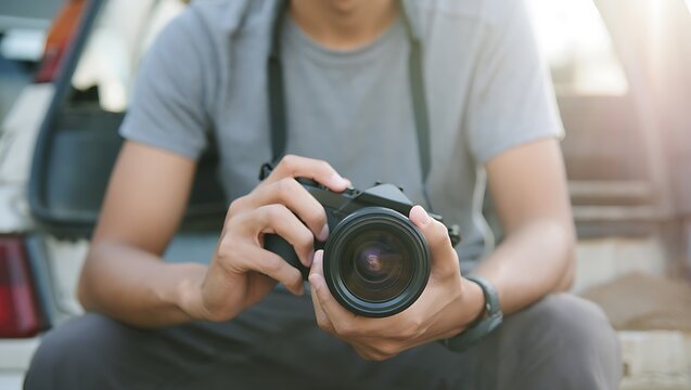 Man holding a professional camera and lens, sitting outside a vehicle with the trunk open, bathed in warm sunlight.