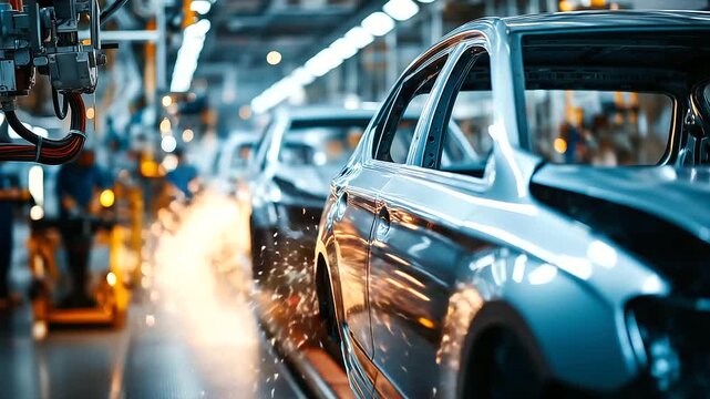 Automotive production line close-up with shiny vehicle chassis moving under mechanical arms, sparks from welding visible, defocused workers monitoring assembly, with copy space