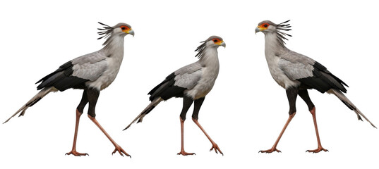 Fototapeta premium Three secretary birds walking on a white background, showing their distinctive appearance.