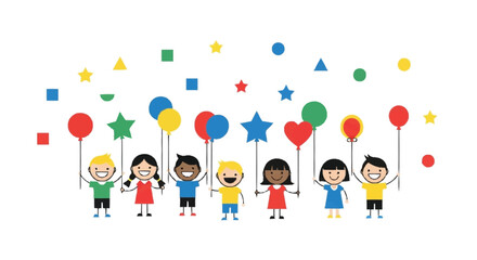 Children holding colorful balloons and stars kids