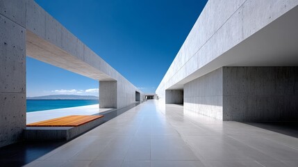 Obraz premium A long, empty hallway with a view of the ocean. The hallway is made of concrete and has a grey color