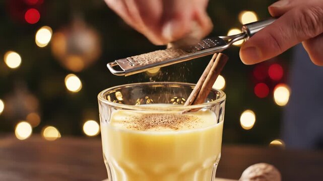 Person Grating Nutmeg Over Glass of Festive Eggnog 4K Video