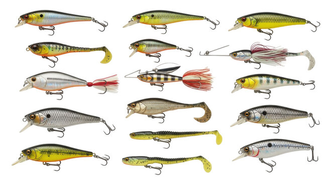Collection of various fishing lures, showcasing diverse designs and colors for attracting fish.