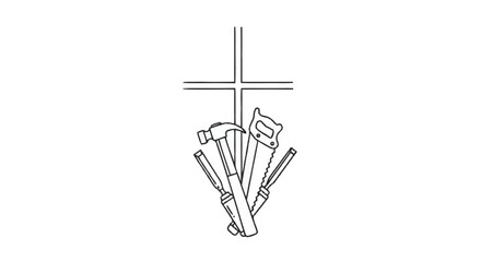 Black and white line of tools hanging on cross shaped nail line black and white hammer