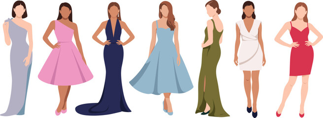 Elegant Diverse Women in Stylish Evening and Cocktail Dresses Collection, Modern Fashion Models in Formal Gowns, Flat Vector Illustration Isolated on Light Background