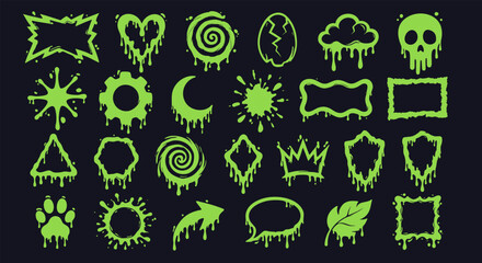Green Slime Dripping Frames and Horror Cartoon Elements Set, Goo Splash Shapes Vector Collection