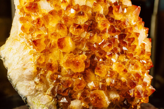 Citrine Crystal Cluster On Calcite Matrix With Golden Yellow Gemstone Formation Close-Up
