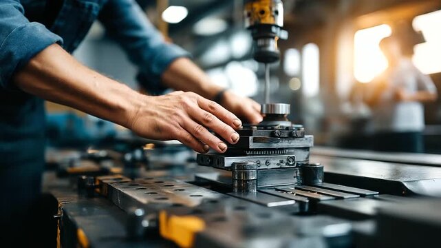 Close-up of faceless worker adjusting levers while colleagues watch material roll through industrial press, machinery details sharp in factory lighting, with copy space