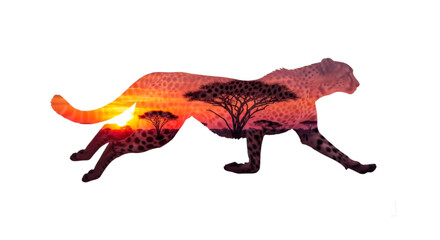 Obraz premium A cheetah silhouette filled with a vibrant African sunset savanna landscape with acacia trees.