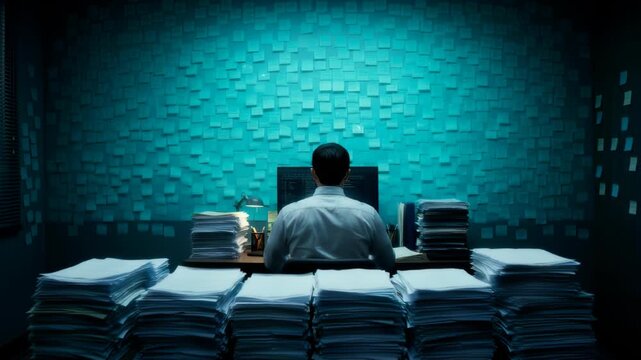 Dolly Shot of Diligent Male Worker Analyzing Data in Sticky Note Covered Room