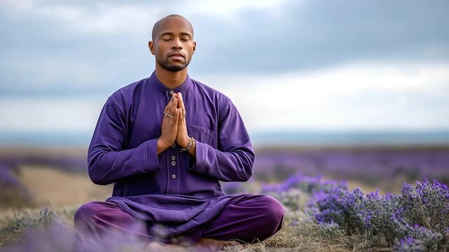 Faceless Buddhist monk meditating in purple lavender field, crown chakra meditation activation seventh chakra, enlightenment nirvana higher self divine connection spirituality