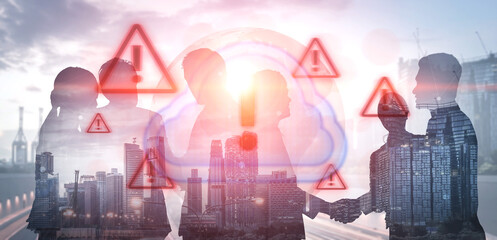 Red alert triangles over a blue cloud icon, symbolizing cloud security threats, system warnings,...
