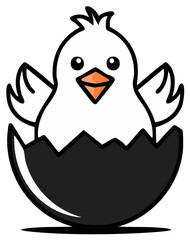 Adorable cartoon baby chick character emerging from a broken eggshell graphic