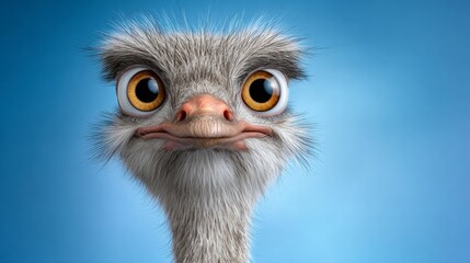A cartoonish looking ostrich with a big yellow eye and a smile on its face. The image has a playful and lighthearted mood