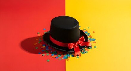 Black top hat with red bow and colorful confetti on a vibrant red and yellow background.