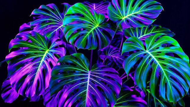 Vibrant neon leaves against dark background