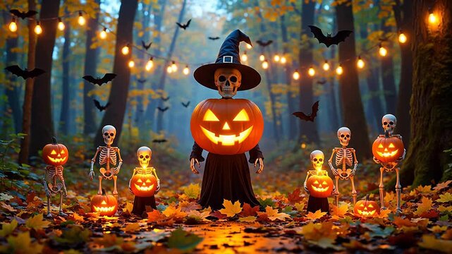 Halloween forest scene with skeletons and pumpkins