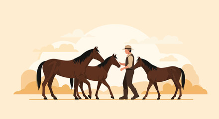 Fototapeta premium Equine Handler With Majestic Horses In A Beautiful Landscape At A Gentle Pace