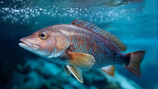 Colorful mangrove snapper fish portrait in blue water, close-up marine life illustration, underwater wildlife, tropical fish photography, with copy space
