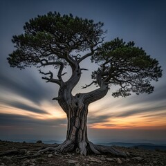 Dramatic ancient tree standing alone at sunset on rocky terrain