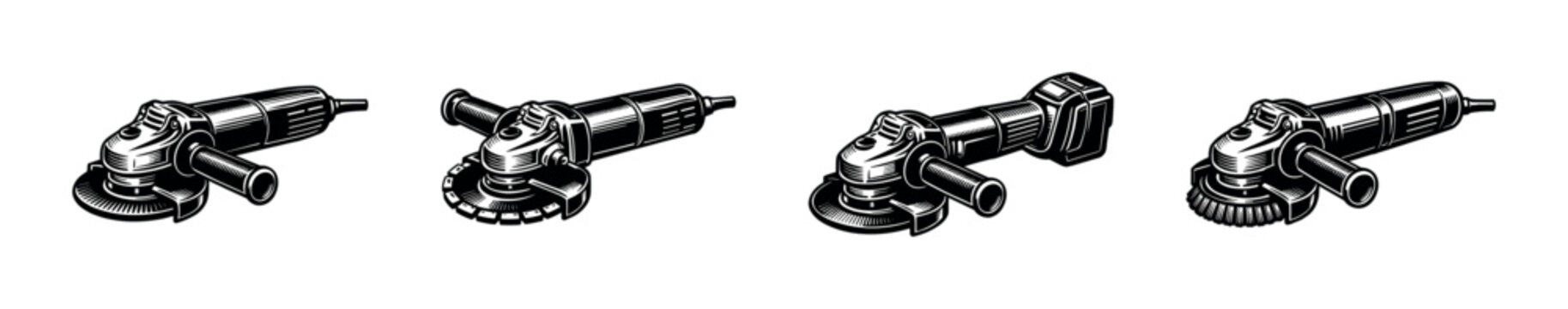 Power tools flat vector icons set. grinder illustration collection. industrial equipment graphics