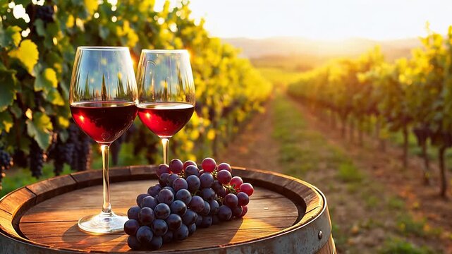 Wine glasses and grapes on barrel