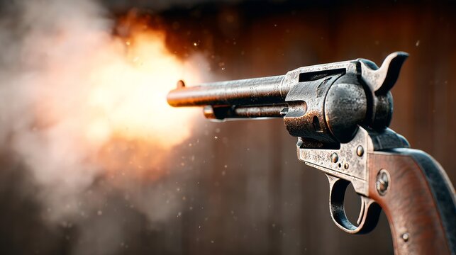 A gun is fired and smoke is coming out of it. The scene is dark and moody