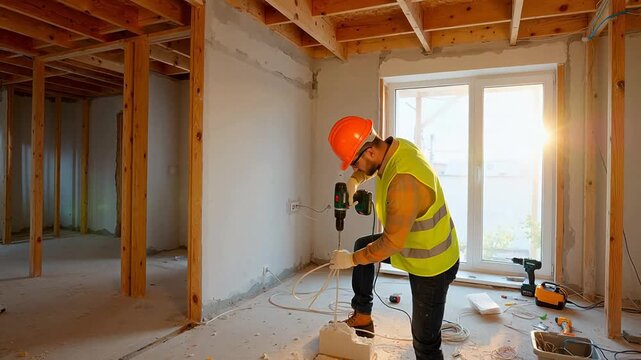Construction worker using drill in room under construction