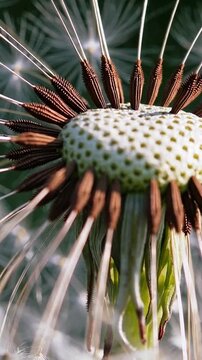 Macro dandelion seed head with fluff and radial filaments catching sunlit breeze, seeds detaching and drifting in garden setting, botanical texture study for nature and ecology visuals.