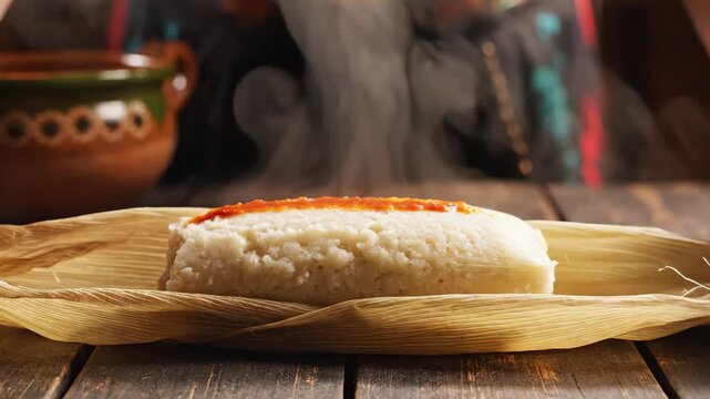 Person unwrapping a hot steaming Mexican tamale on a wooden table 4K Video