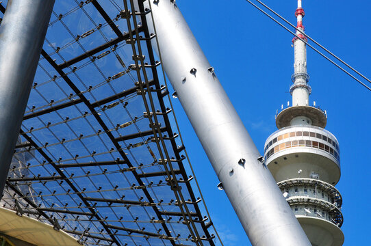 Munich, Germany. The Olympiaturm has an overall height of 291 m and a weight of 52,500 tonnes. At a height of 190 m there is an observation platform as well as a small rock and roll museum.