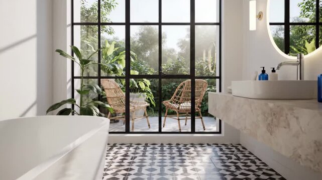 Modern bathroom with freestanding tub, floating vanity, and large window overlooking lush greenery