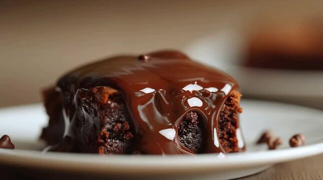 A decadent chocolate brownie smothered in rich chocolate sauce on a white plate viewed from a close-up angle