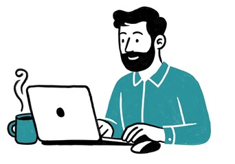 Ilustraci&oacute;n en duotono de hombre con barba trabajando en su lapto via teletrabajo