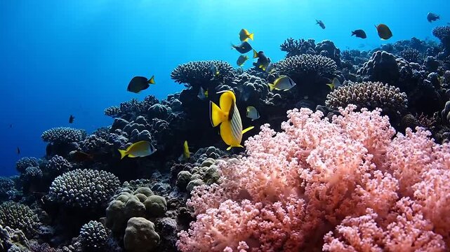 Yellow threadfin butterflyfish swimming near pink soft coral, sunbeams, tropical reef biodiversity, macro underwater photography, vibrant cinematic realism scene.