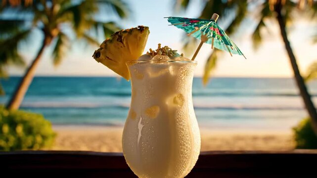 Pina Colada cocktail on a tropical beach at sunset 4K Video