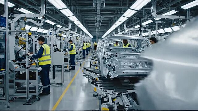 Factory workers assembling car body on conveyor line, industrial environment, detailed automotive manufacturing, cinematic documentary photography realism scene.