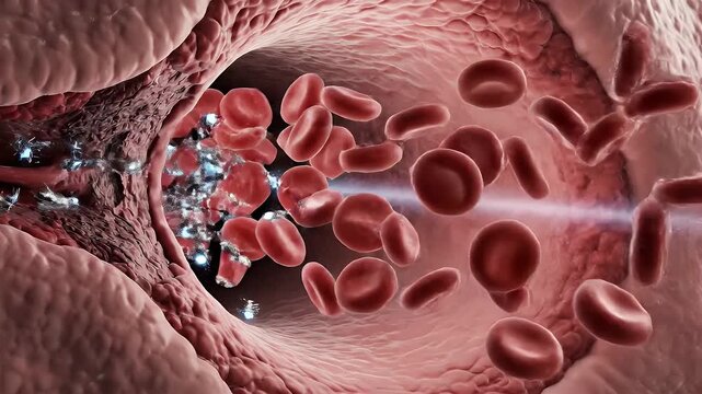 Microscopic view of blood cells flowing through a vein with small blue particles and light rays symbolizing medication or oxygen transport for