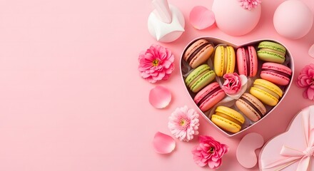 Happy international mother's day celebration with colorful macarons and flowers