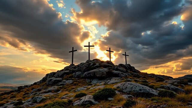 Crosses on rocky hill at sunset
