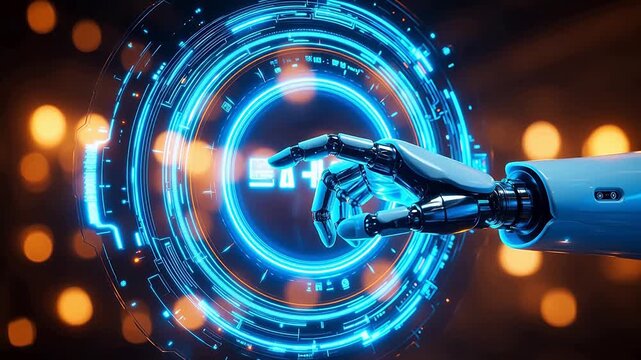 Futuristic robotic hand interacting with digital interface