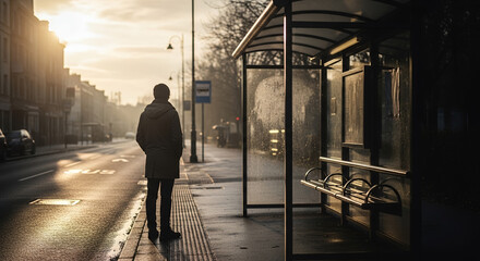 Man standing alone at bus stop during sunrise with reflective atmosphere  